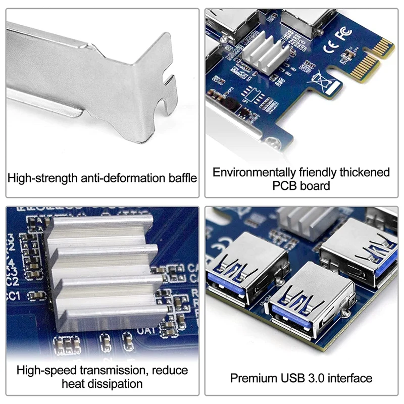 PCIE 1 To 4 Adapter Riser Card, PCIE Splitter 1 To 4 Riser Card, PCIE 1X To 4X, 4 In 1 PCI-E Riser Adapter Board USB 3.0