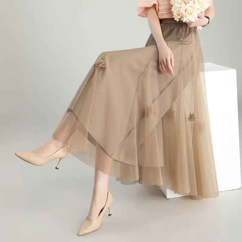 

Women's Elegant High Waist Double Layer Pleated Tulle Long Party A-line Skirt Summer Fashion Fairy Mesh Maxi Skirts Female Jupe