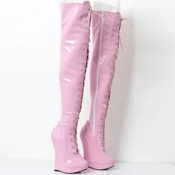 CACA 18cm High Heels Wedges Women Thigh Boots,Pole Dance Shoes,Sexy Long Botas,Patent Leather,Black,Orange,Pink,Custom Colors,