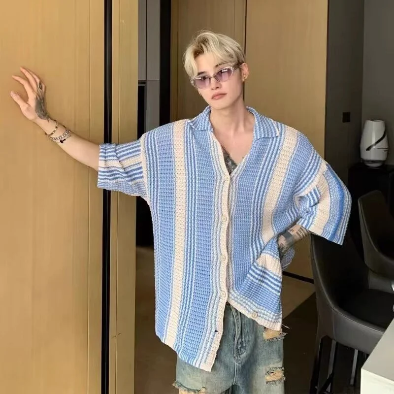 

Американский синий, белый цвет, вязаный ор Све irt, мужской летний тонкий ажурный кардиган с воротником в стиле ретро, пара irt