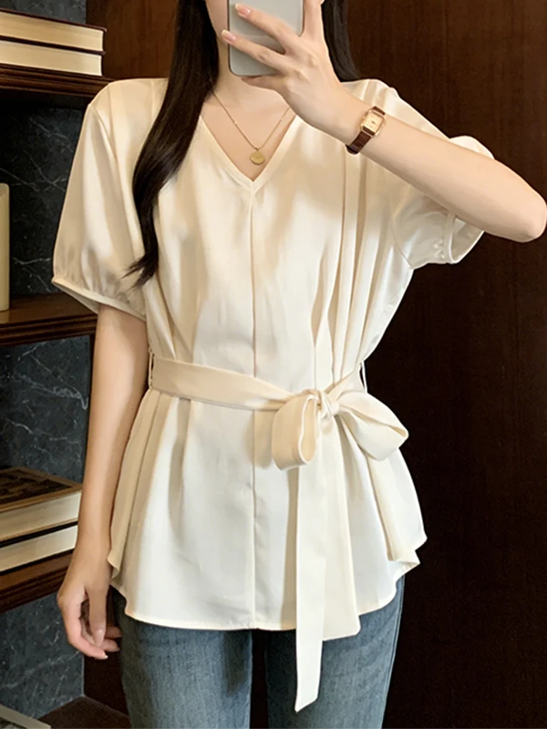 

Summer Women's Loose Fit Shirt V-Neck Tie Waist Short Sleeve Korean Style plus Size Fashionable Versatile Silk Ribbon Top