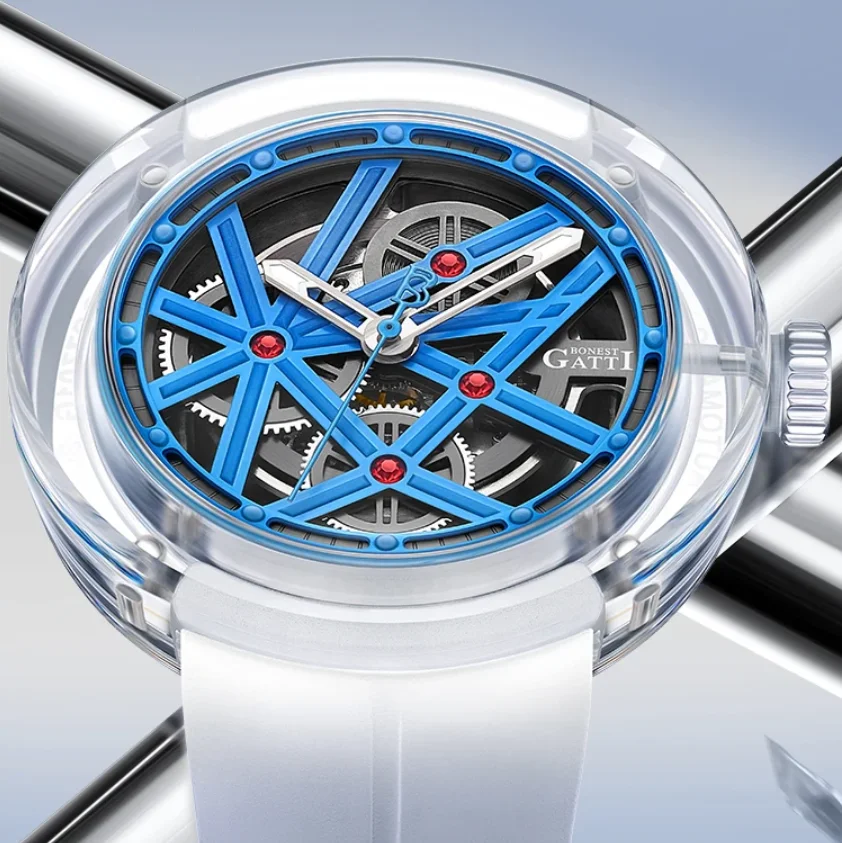 

BONEST GATTI Мужские автоматические часы Роскошные механические наручные часы 42 мм Акриловый корпус Скелет Водонепроницаемый светящийся ремешок из фторкаучука
