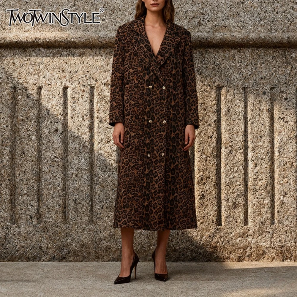 

TWOTWINSTYLE элегантное леопардовое шерстяное пальто для женщин с зубчатым воротником и длинными рукавами в стиле пэчворк, двубортная элитная куртка, женская новинка