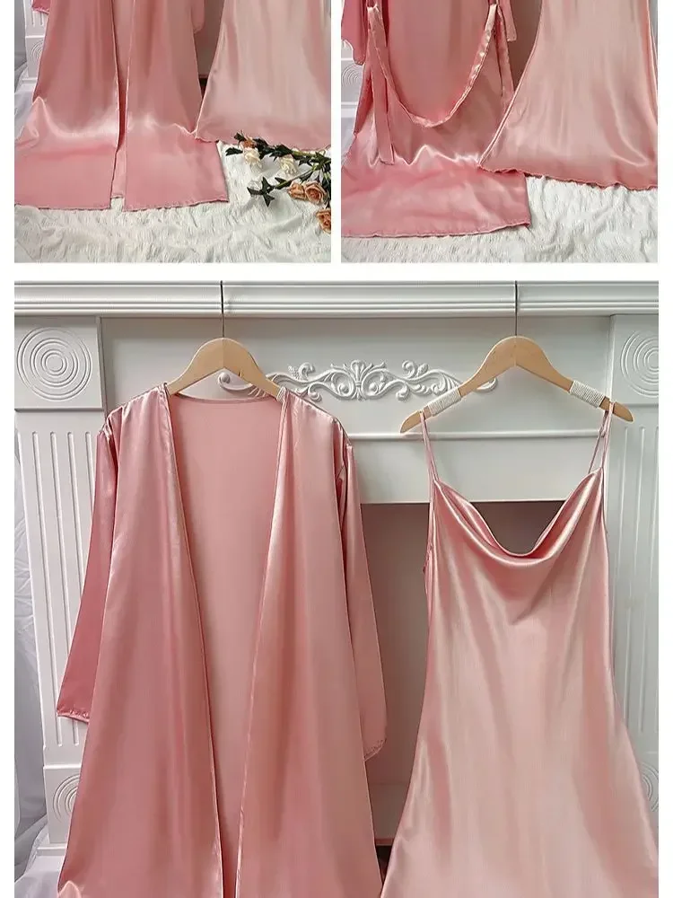 Solid Silk Satin Women Nightgown Set Sling Dress & Long Sleeve Robe Sleepwear 2 Pieces Sleeveless Cowl Neck Nightwear Homwear