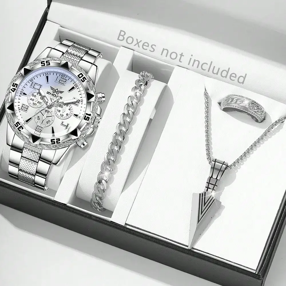 

Набор из 4 предметов: серебряные мужские модные повседневные часы с кварцевым механизмом и циферблатом с комбинированной шкалой, браслет, ожерелье, кольцо. Подходит для повседневного ношения и украшения.