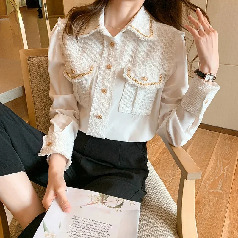 Summer New Shirt Women Blouse Long Sleeve Chiffon Fashion Button Splicing Lattice Loose Pocket Beaded Lfound Casual Tops