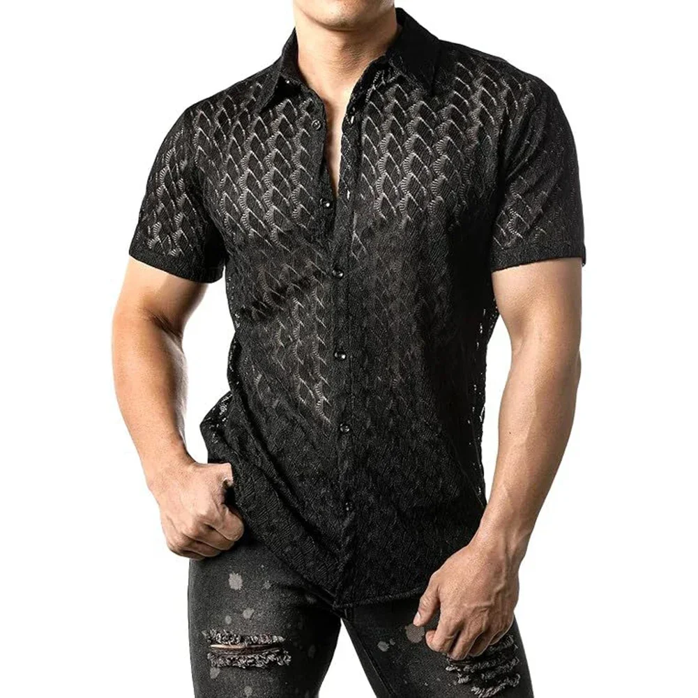 Mens Summer Mesh See Through Lace Short Sleeve Shirts Sexy Party Nightclub Tops