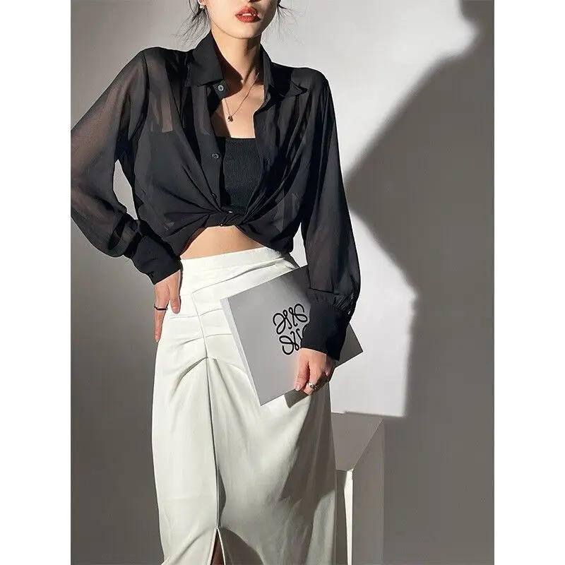 Thin Perspective Loose High Street Blouse Summer New Long Sleeve Solid Casual Shirt Tops Fashion Korean Trend Women Clothing