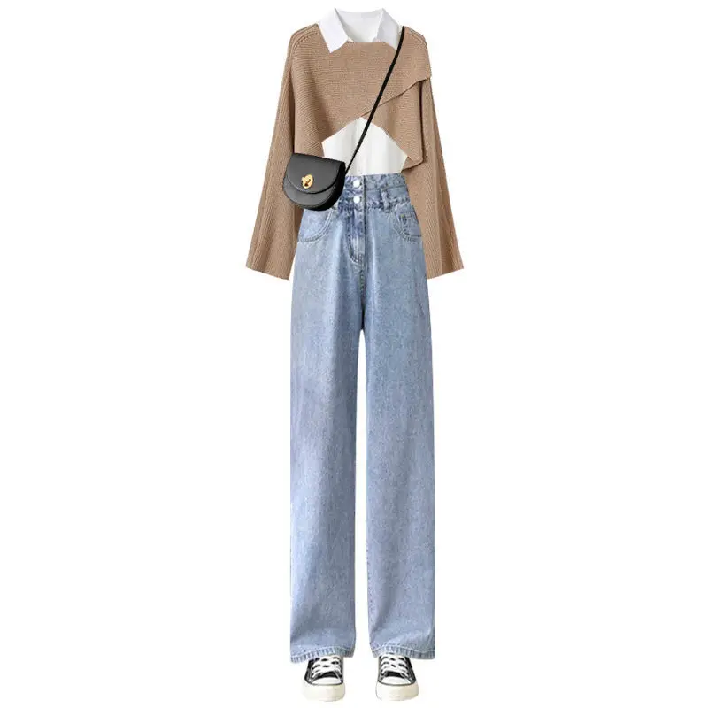 Large Women's Spring and Autumn Season Set 2023 New Knitted Cross Top Versatile Shirt Women's Jeans Three Piece Set