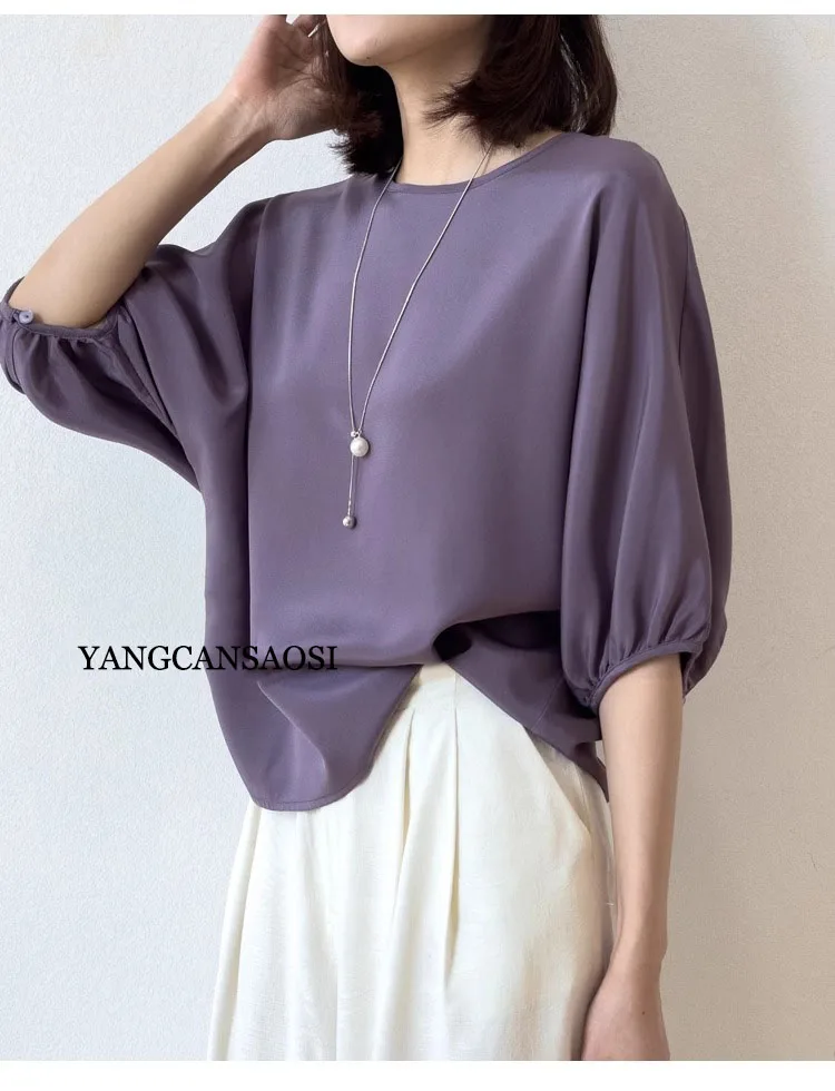 26MM Heavy Weight 93% Natural Mulberry Silk Elastic Wrinkled Round Neck Batwing Half Sleeve Women's Casual Solid Color T-shirt