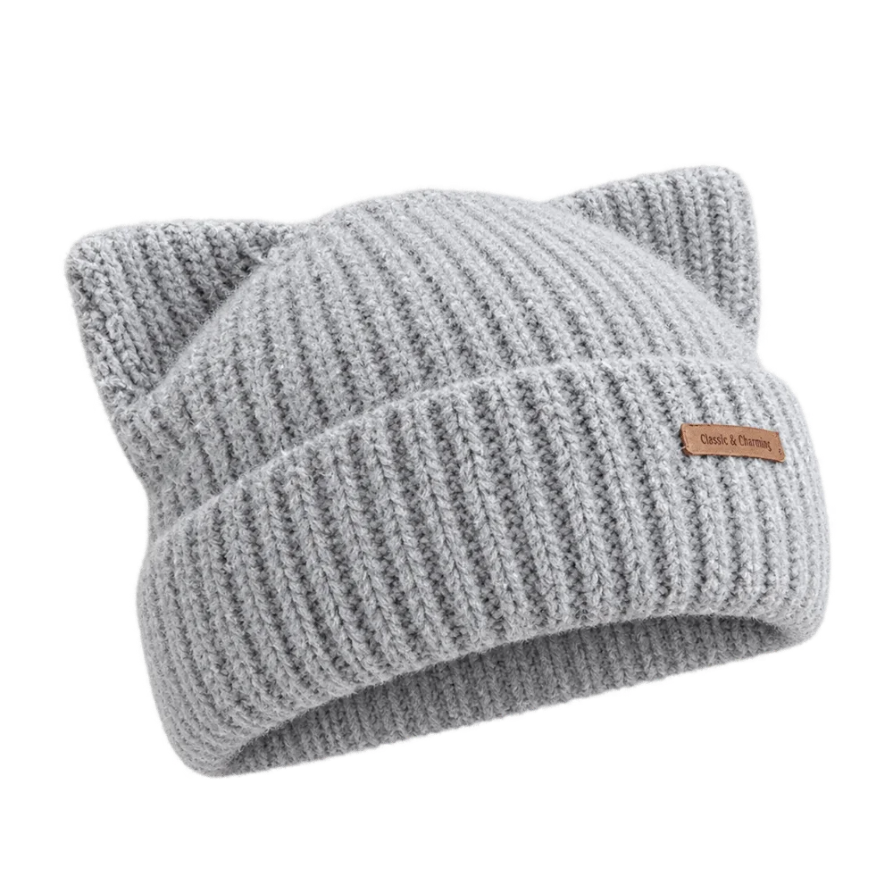 Aesthetic Maillard Solid Color Cat Ear Beanie Soft Warm Cat Ear Winter Knit Hat Windproof Ribbed Knit Cap Casual Streetwear