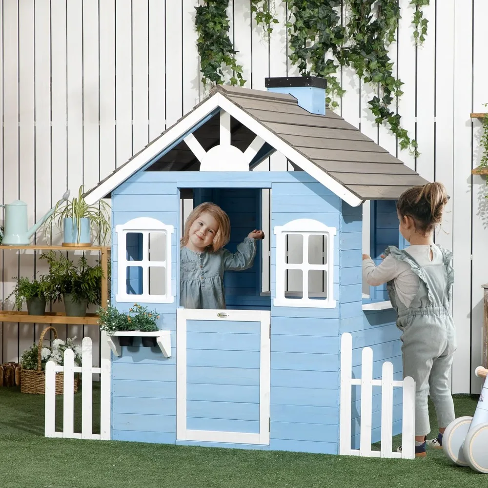 Playhouse for Kids Outdoor, Country Style Wooden Playhouse with Flower Pot Holders, Working Door, Windows, Service Stations