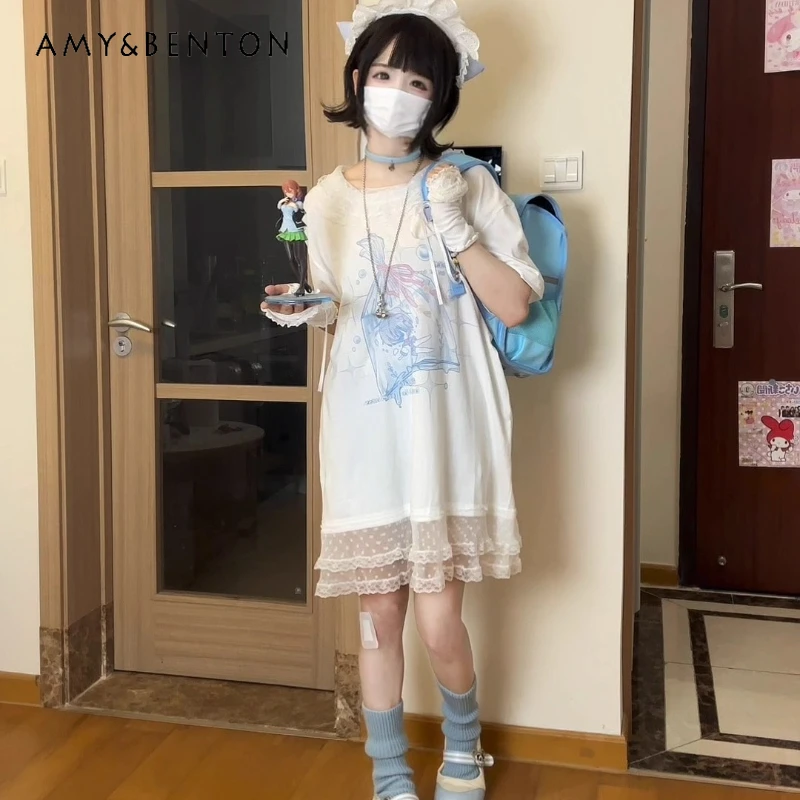 

Japanese Design White Lace Hollow Out Splicing Women's Short Sleeve T-Shirt Summer New Loose Subculture Pure T-Shirt Dress Girl