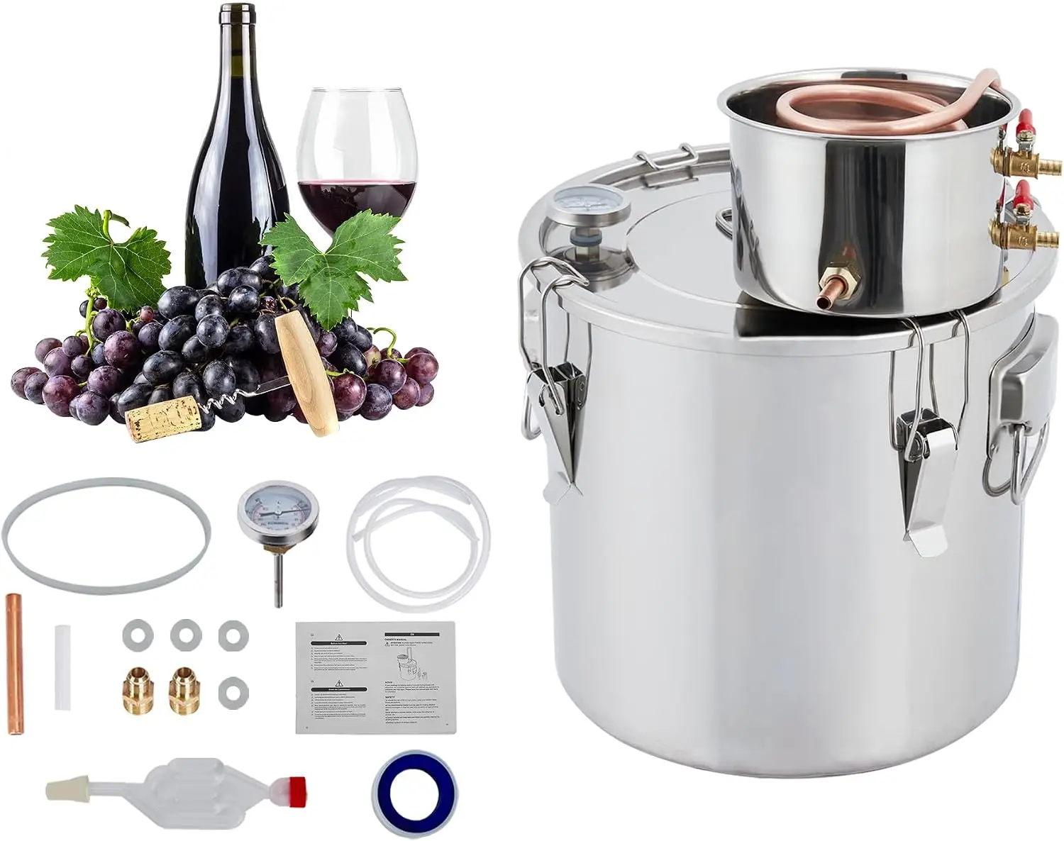 10 Gallon (2 Pots) Alcohol Distiller – Stainless Steel & Copper Home Distilling Kit with Thermometer & Pump, for Whisky, Wine & Brandy Making