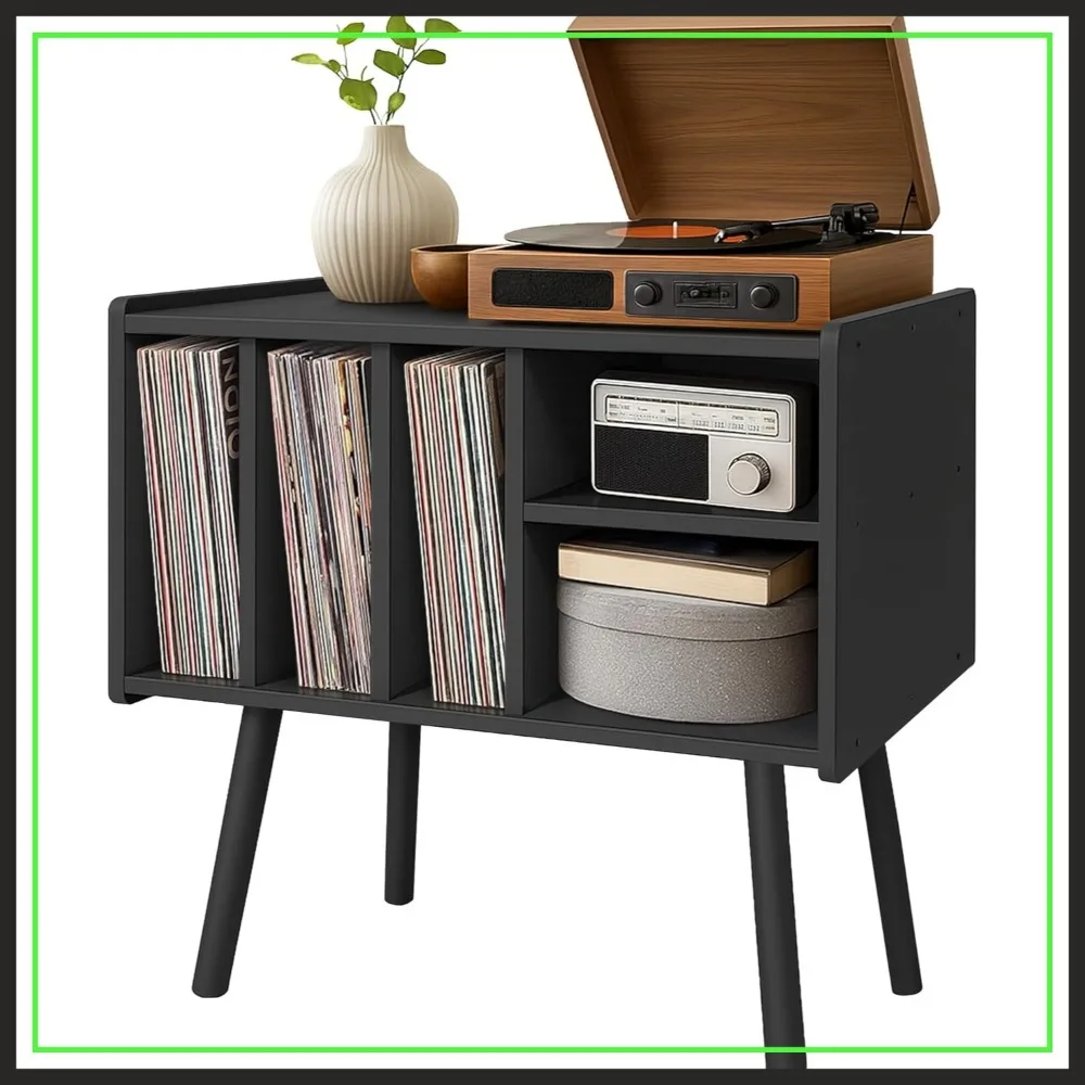 

Record Player Stand with Vinyl Storage, Wooden Turntable Table with 5 Compartments, Black
