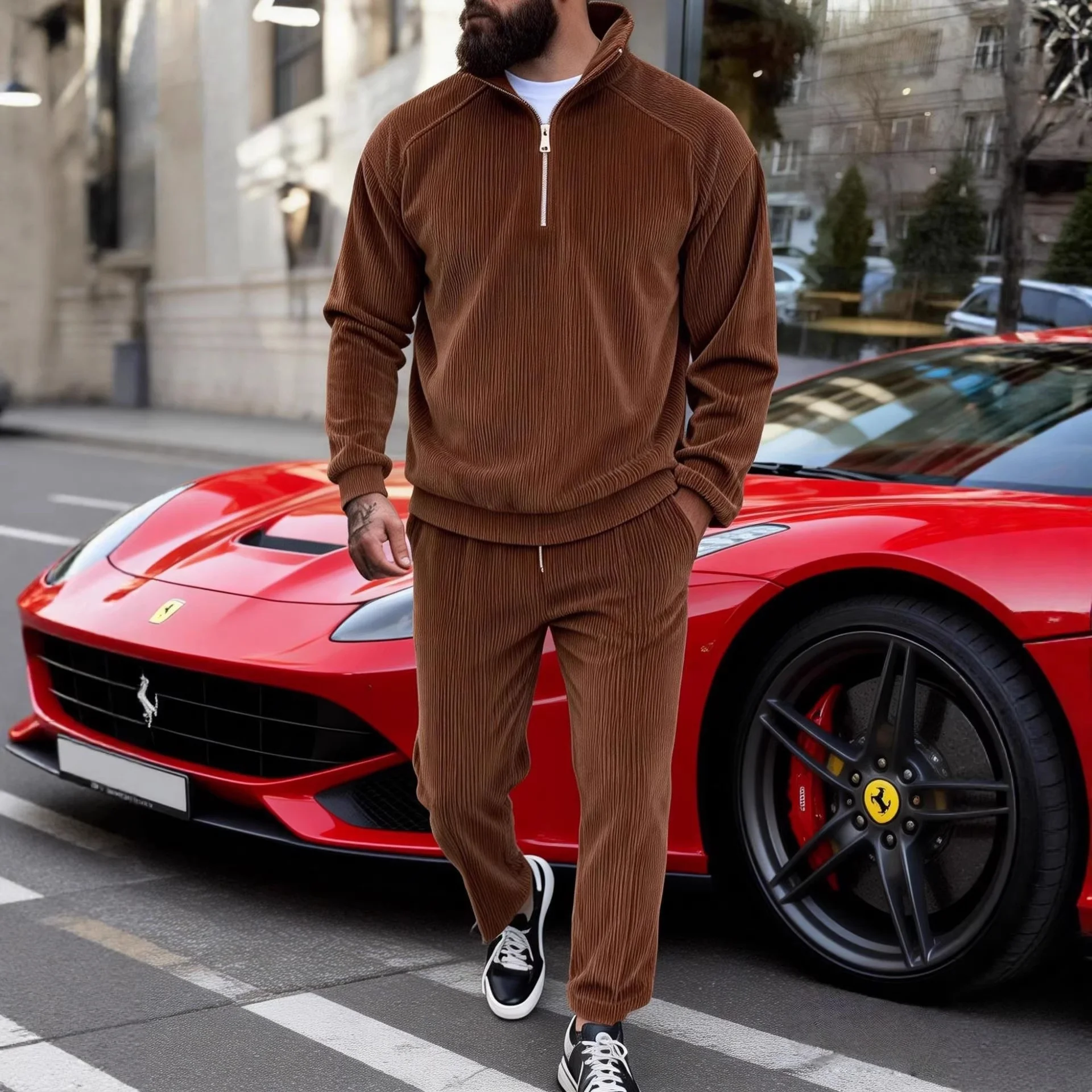 

Мужской осенне-зимний вельветовый комплект: худи на молнии с воротником-стойкой и брюки, повседневный костюм-двойка, модная одежда