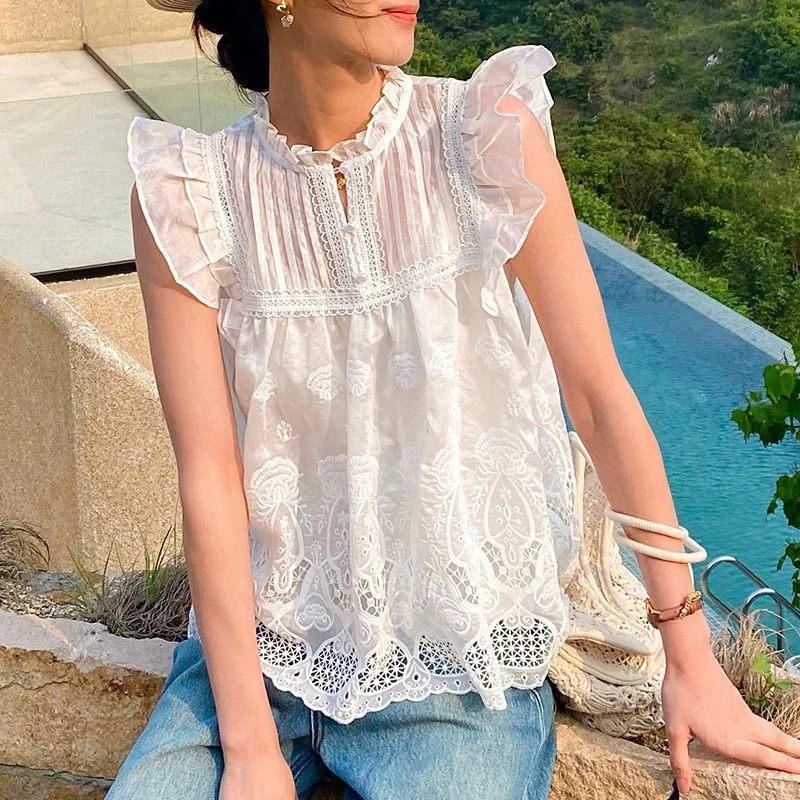 

Ruffle Lace Eyelet Flutter Tank Top Eyelet Embroidered Cutout Sleeveless Blouse White Vacation Shirt Summer Woman Clothing