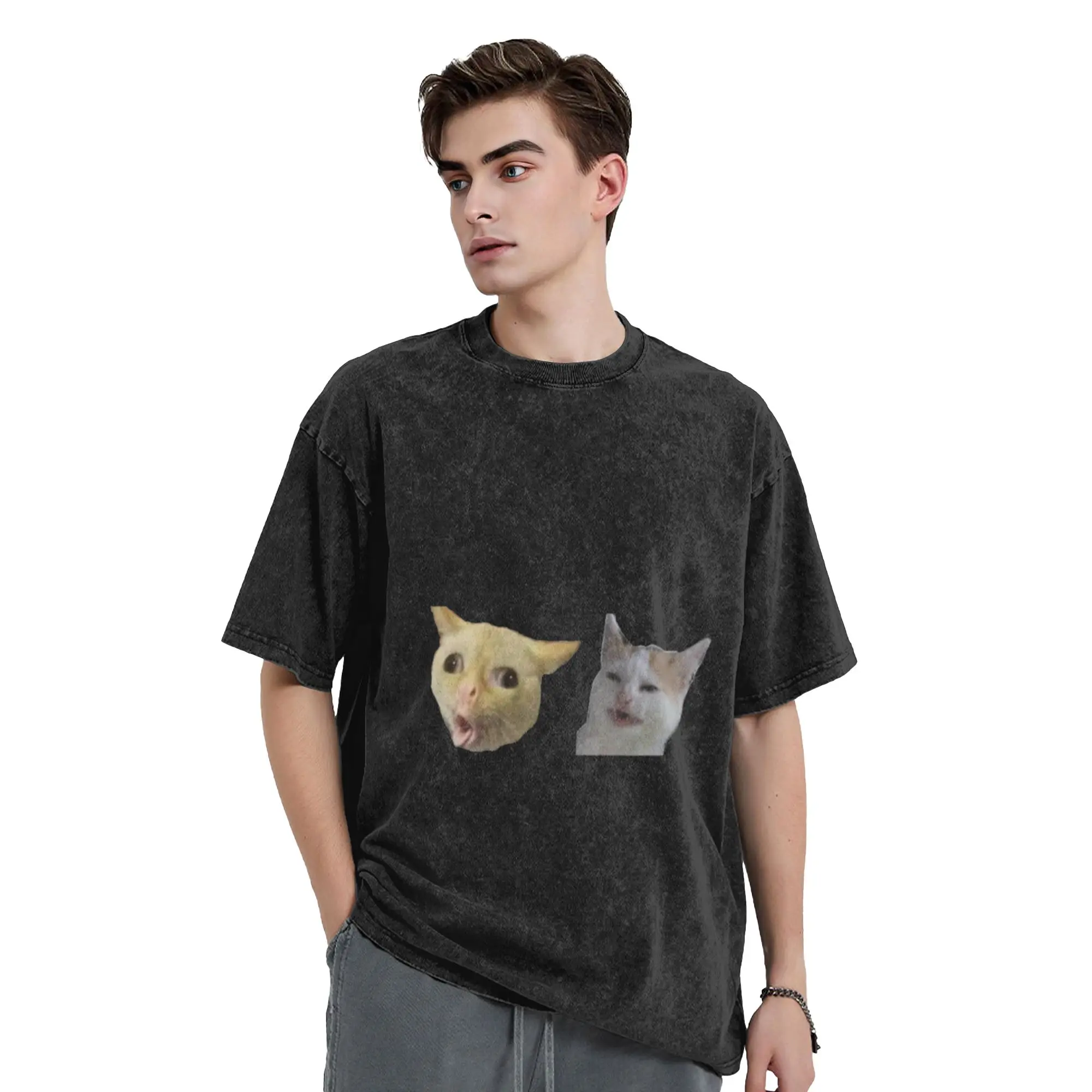Meme Cats Pack of Stickers Classic Trendy A Washed T Shirt Men's Women's Oversized Cotton Tees Tops