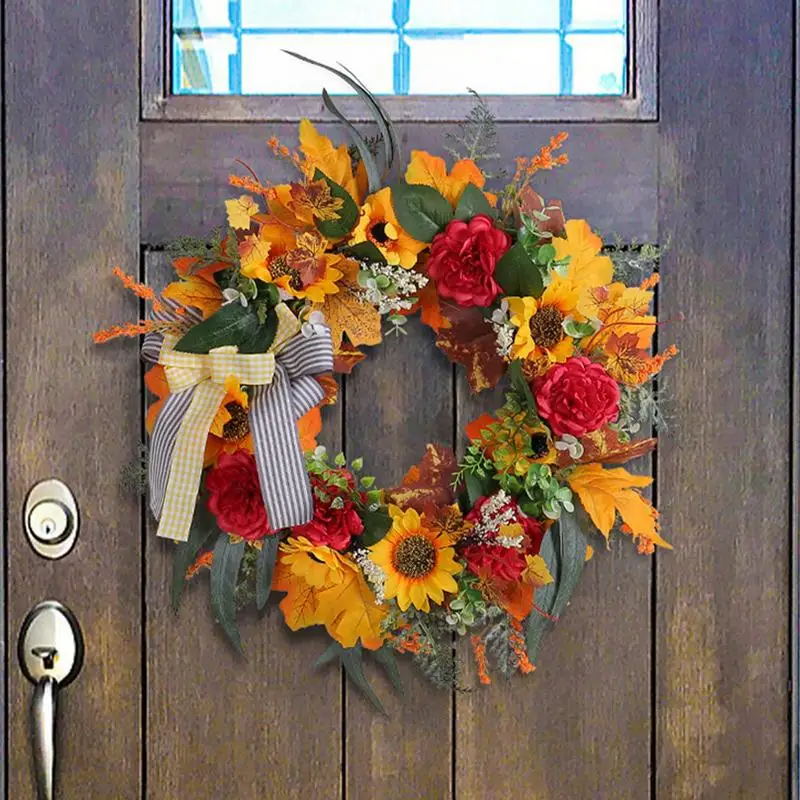 

Fall Floral Wreath With Bow Falll Garland With Artificia Floral Thanksgiving Decoration Door Wreath For Front Door Walls