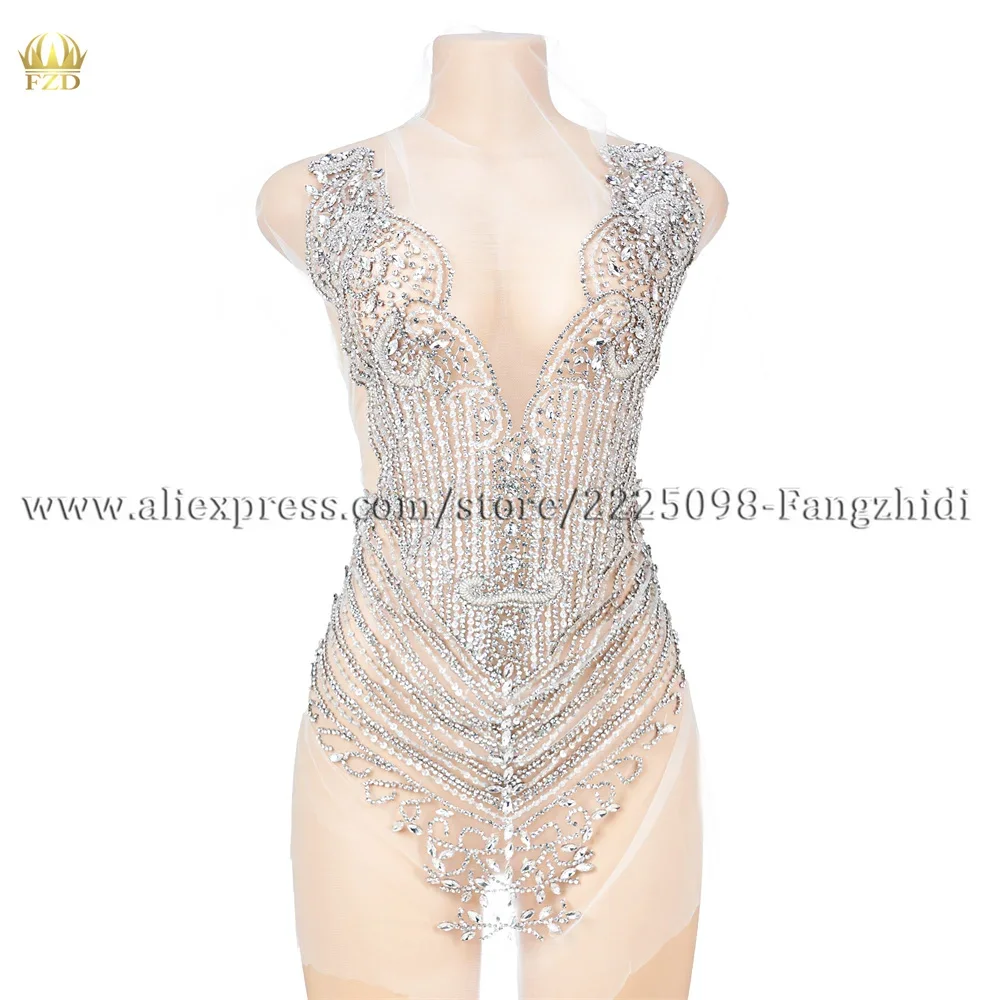 FZD Rhinestone Bodice Patches 1 PCS Sliver Rhinestone for Wedding Party Dress Appliques Patch for Clothing Handmade Stickers DIY