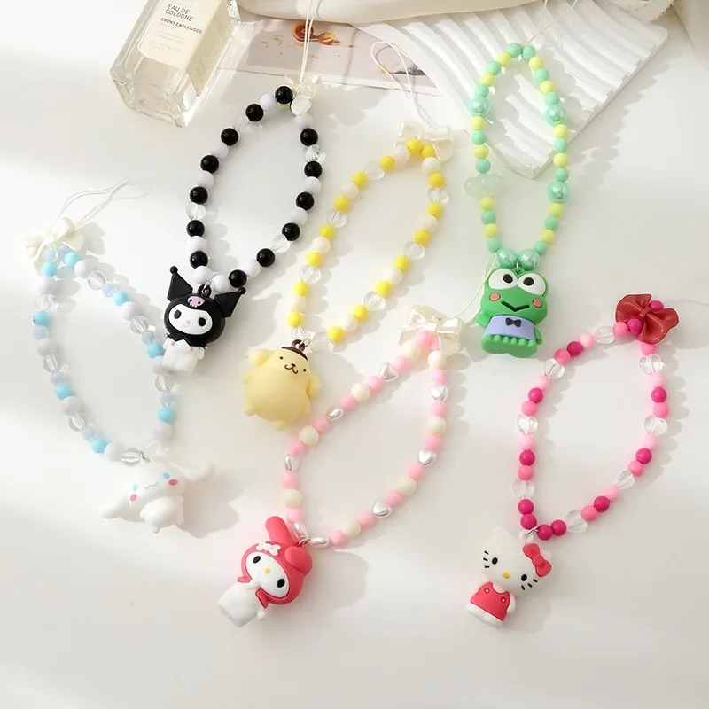 HelloKitty Phone Chain Cartoon Kuromi Pendant Cinnamoroll Bead Lanyard My Melody Keychain Kawaii Jewelry Accessories Toys Gift