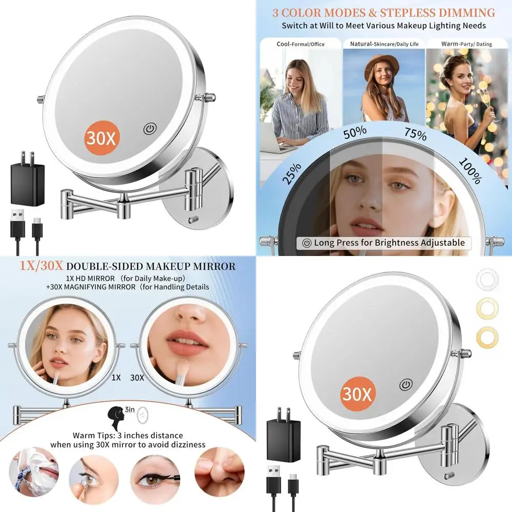 10 Dual-Sided LED Lighted Makeup Mirror, 4500mAh Rechargeable, 3 Color Modes, Touch-Dimmable, Extendable Arm, Chrome Finish