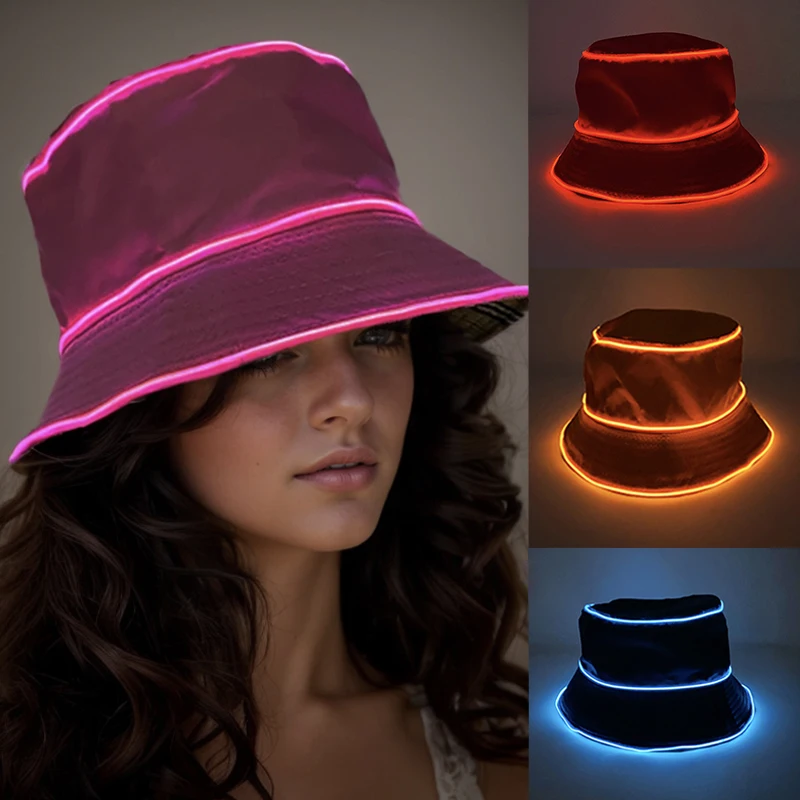 Summer Light Up Bucket Hat LED Glowing Panama Fishmen Cap For Women Men Outdoor Beach Supplies Neon Hat Costume