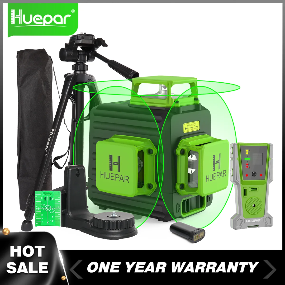 Huepar 12-Linien-Laser-Nivelliergerät mit grünem Strahl, Osram, selbstnivellierendes Kreuzlinien-Laser-Nivelliergerät-Werkzeugset mit Stativ und Laserdetektor
