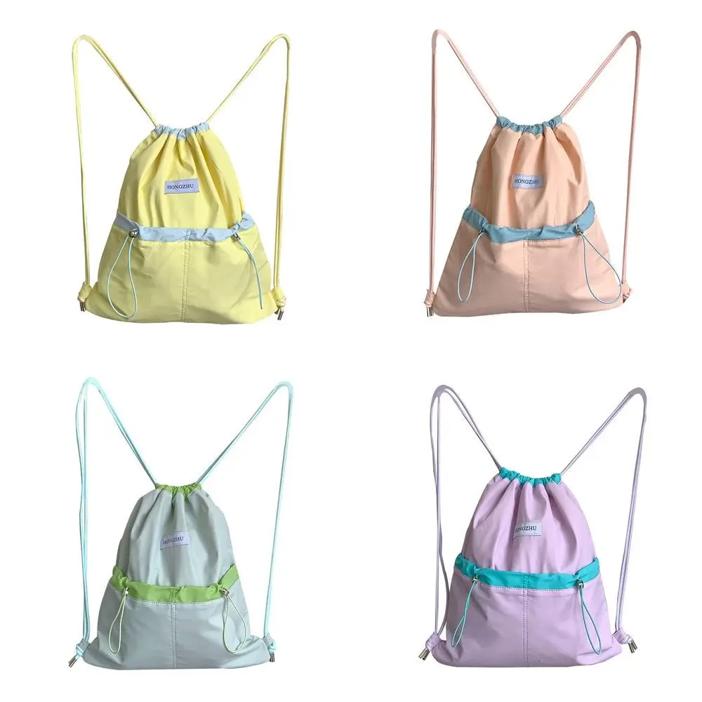 حقائب ظهر برباط على الطراز الكوري، تصميم متخصص بألوان متباينة، حقيبة حمل من النايلون الناعم الخفيف، حقيبة كتف بلون سادة في الهواء الطلق