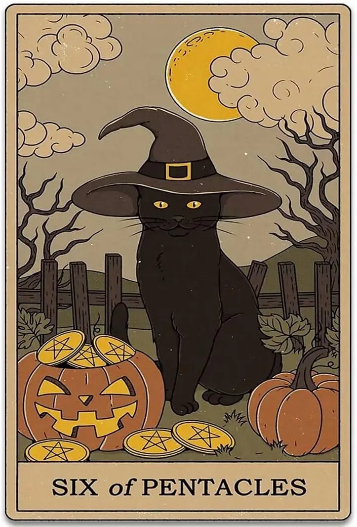 UOAIUDT Blechschild „Six Of Pentacles“, schwarze Tarotkarte, Retro-Aluminium-Metallposter, Wanddekoration, Bar, Café, Haus, Zuhause, Geschäft, Dekoration – alu