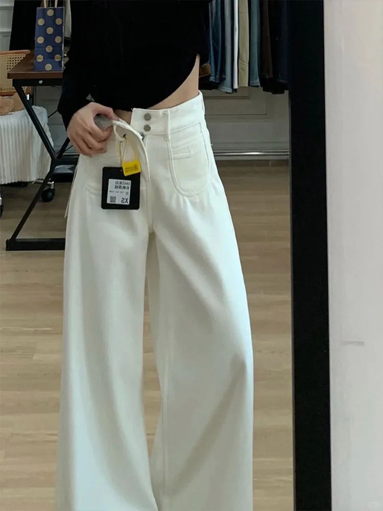 하이웨이스트 안감 있는 와이드 레그 진 여성용 루즈핏 편안한 슬림핏 레이지 센세이션 플로어 기장 팬츠 캐주얼 코튼 블렌드