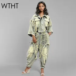WTHT Vintage Women's Hole Tassel Design Long Sleeves Denim Jacket Elastic Waist Loose Harem Pants Female 2025 Spring 1LS886
