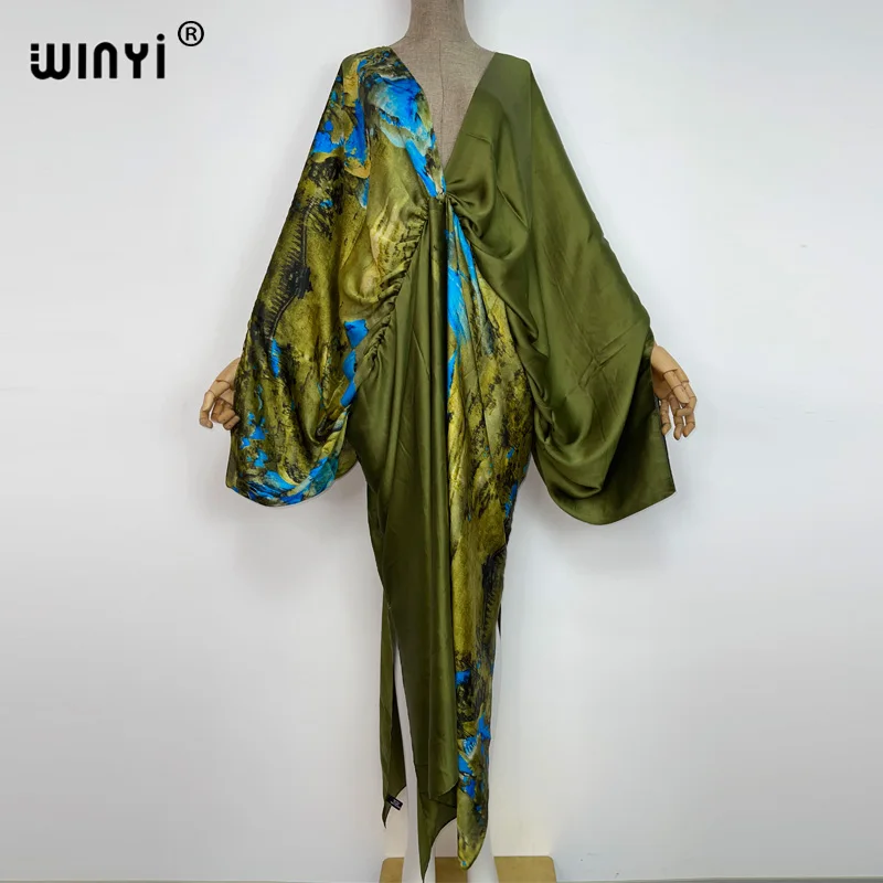 WINYI New Fashion Bohemian Deep V-neck Floral europea For Lady Free Size Loose Batwing Holiday Beach cover up Party Kaftan Dress