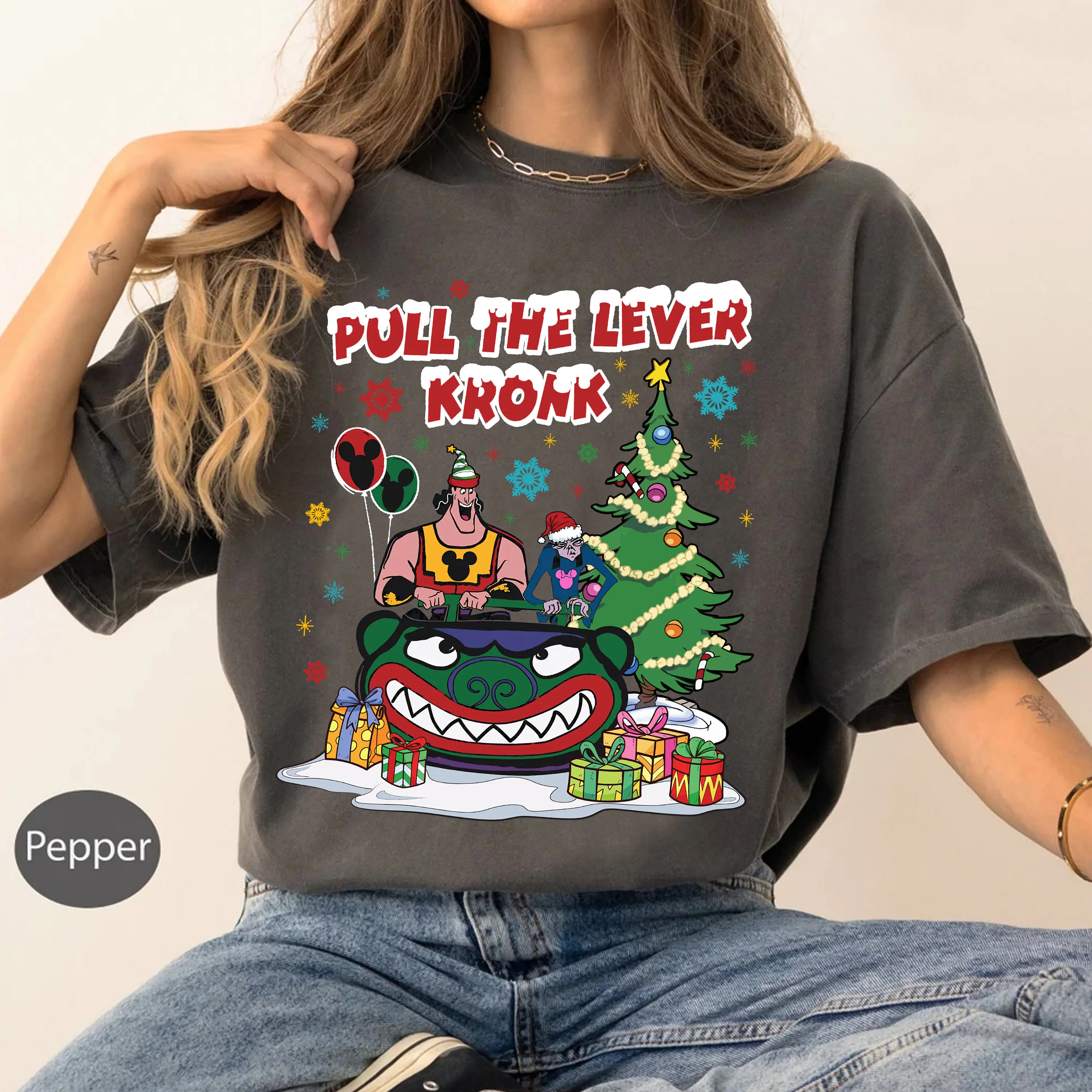 

Disney Retro 90s Izma and Klonk Pull Rod Christmas Light Shirts, "King's Transformation" Christmas T-shirts, Disney Shirts