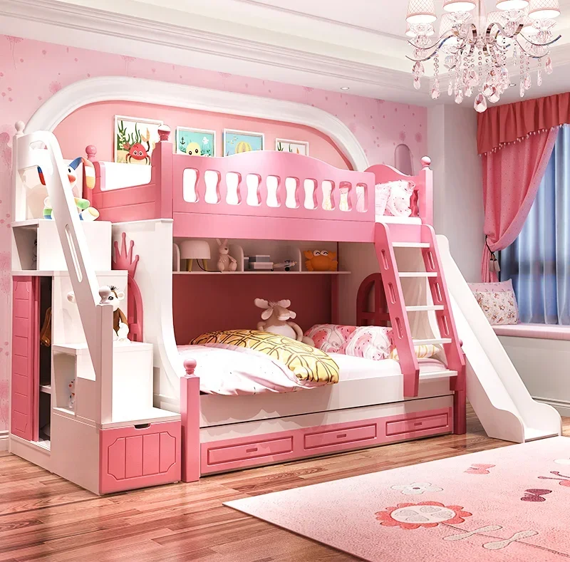 Children\'s upper and lower high and lower double princess bed