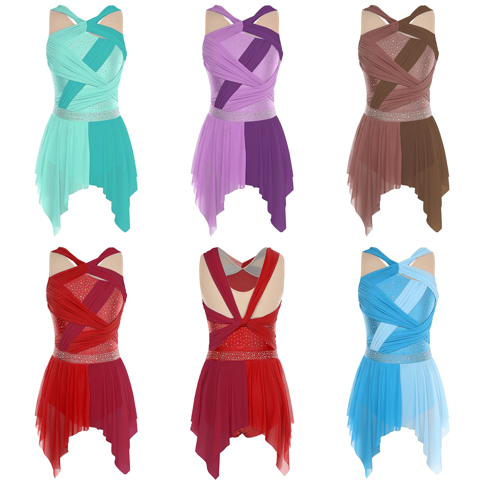 Abito da ballo moderno da donna Costume da spettacolo di pattinaggio di figura Abito in tulle asimmetrico a rete trasparente Body da danza classica lirica