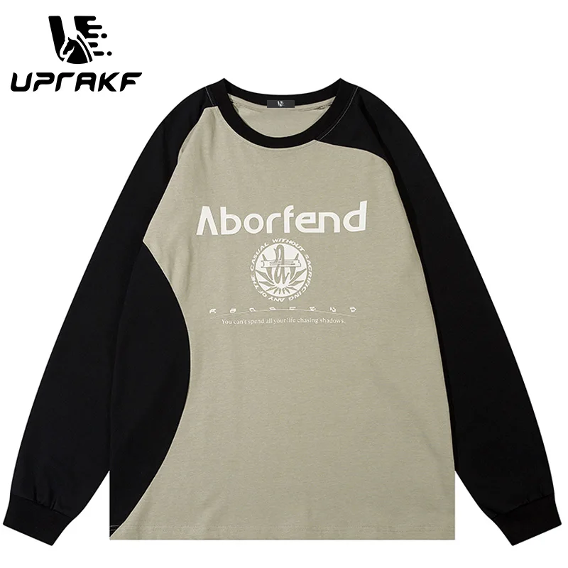 UPRAKF Sport Style Contrast Paneled Long Sleeve Hoodie Crew Neck Cotton Letter Print Loose Casual Raglan Sleeve Autumn