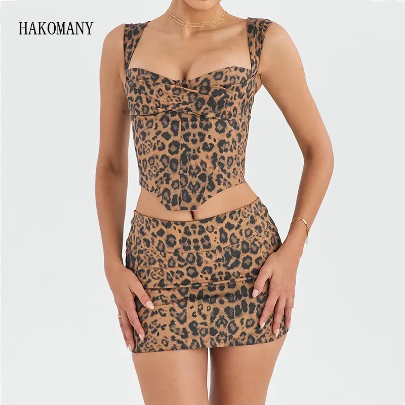 

Women Low Waist Package Hips Mini Skirt Suits 2 pieces 1 Set Sexy Leopard Wire Chest Fishbone Corset Crop Top Back zipper