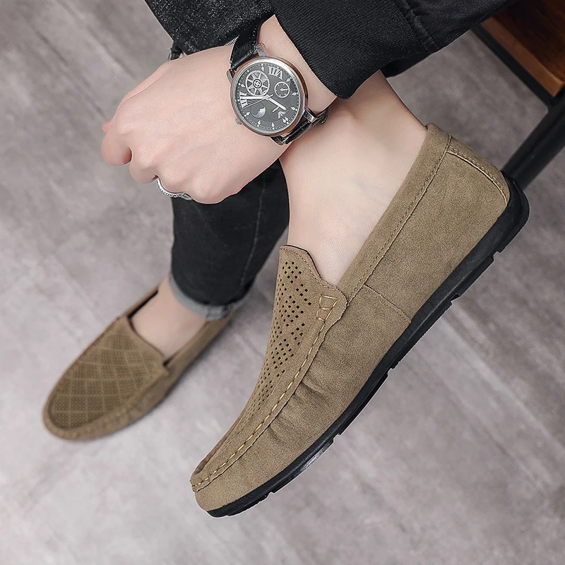 STRONGSHEN Men Shoes Casual Luxury Brand Slip on Suede Hollow Loafers Men Moccasins Summer Breathable Italian Men Driving Shoes