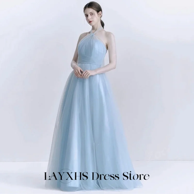 LAYXHS eleganckie suknie wieczorowe Korea Halter jasnoniebieski tiul linia A długość podłogi suknie ślubne dostosowana szata de mariée