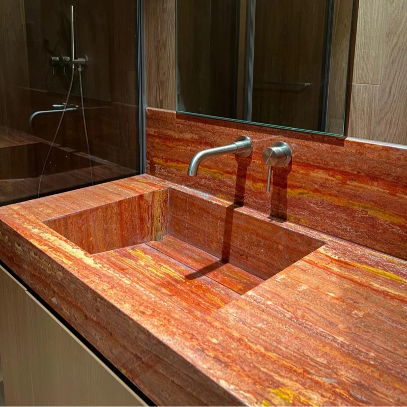 Custom Red Travertine Stone Bathroom Vanity Cabinet Sink Eco-Friendly for Outdoor Kitchen