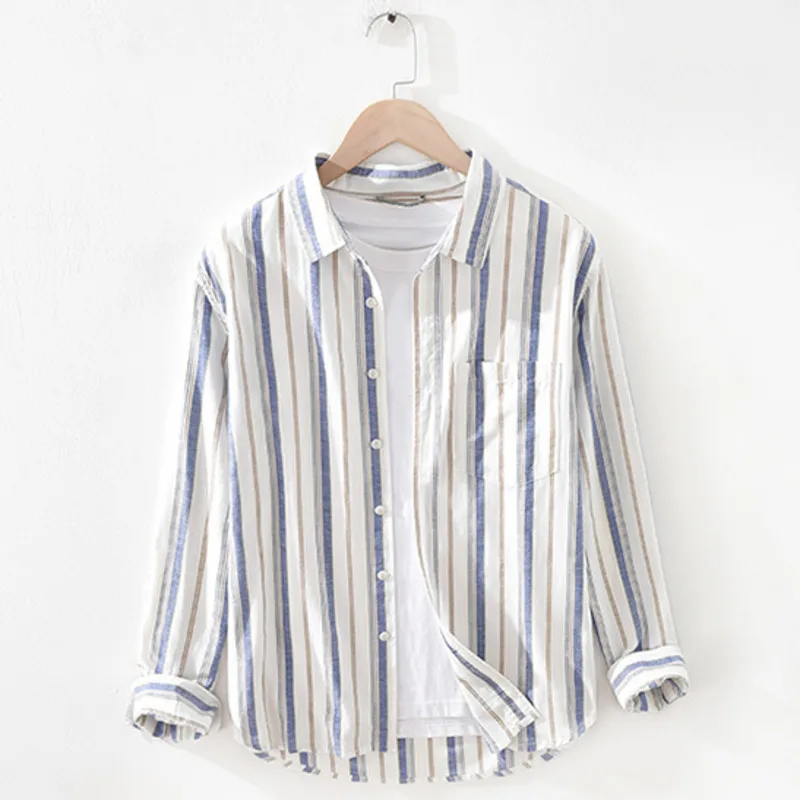 Fashion Japan Style Men Linen Cotton Shirts Casual Stripe Long Sleeve Tops Single Breasted Male Loose Vintage Versatile Shirt