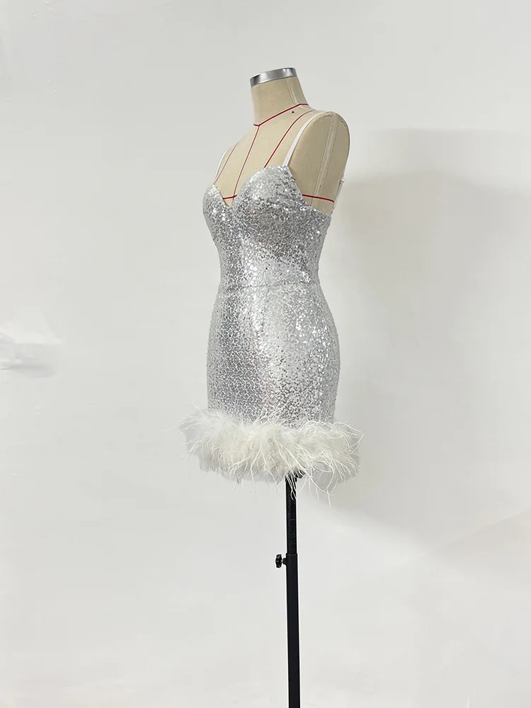 فستان نسائي أبيض مزين بالترتر من الفرو بدون أكمام بدون ظهر فساتين قصيرة مرحة للحفلات المسائية فستان أنيق للحفلات #4