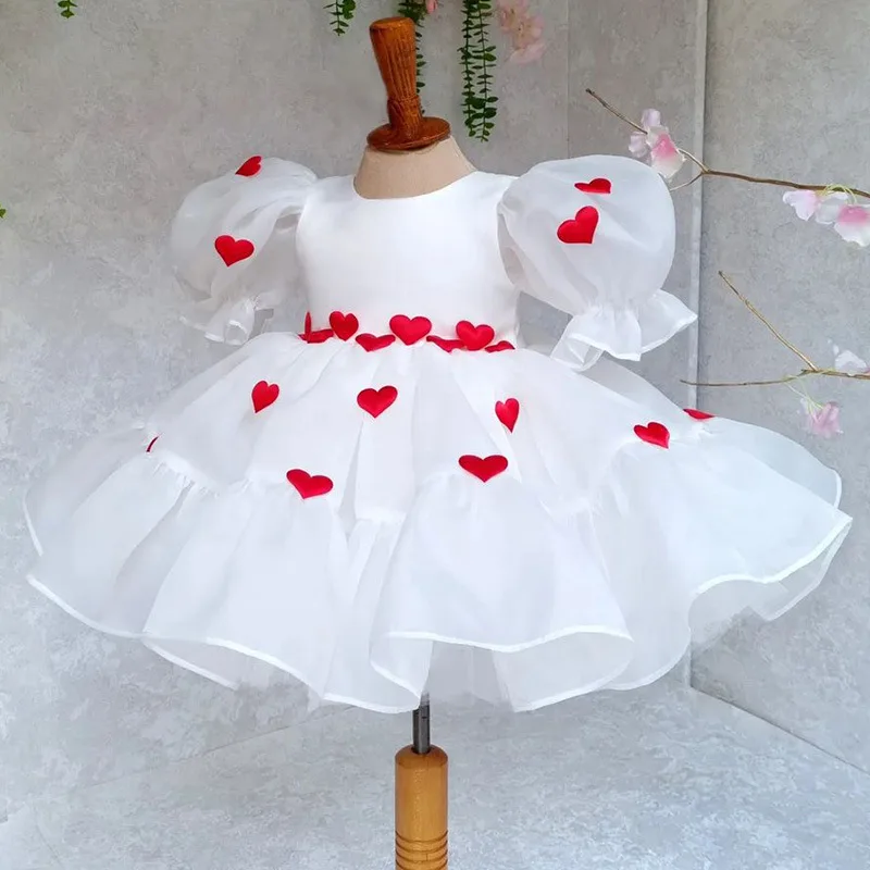 Girls Summer New Red Love White Bubble Sleeve Mesh Fluffy Dress Birthday Party Wedding Flower Girl Sweet and Cute Dress