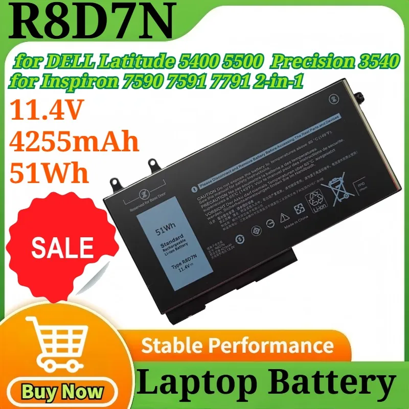 

11.4V 4255mAh 51Wh R8D7N for DELL Latitude 5400 5500 5400 5501 5511 Precision 3540 for Inspiron 7590 7591 7791 2-in-1 Notebook