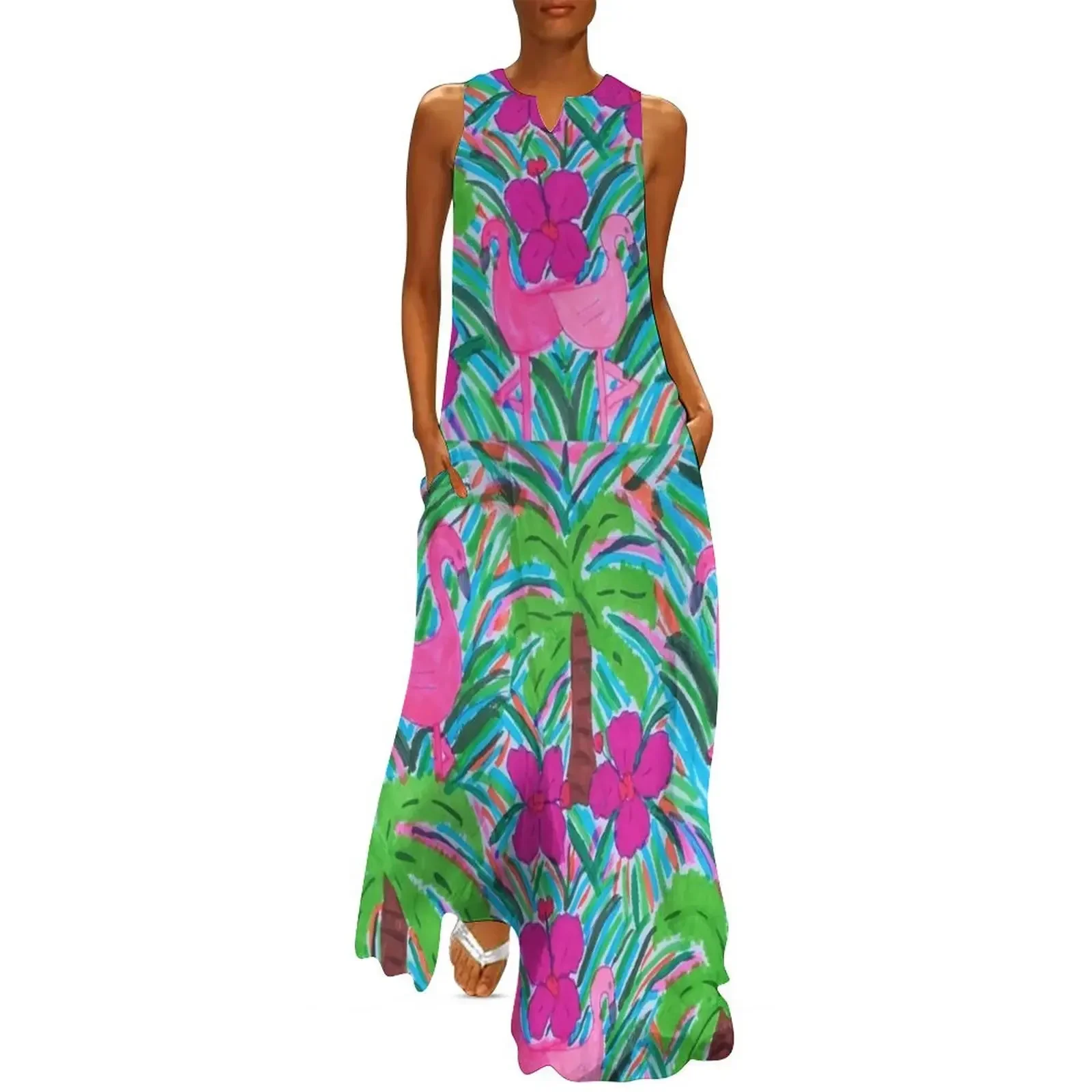 

Beach Party Flamingos and Palm Trees Print Long Dress Women's evening dress Dress