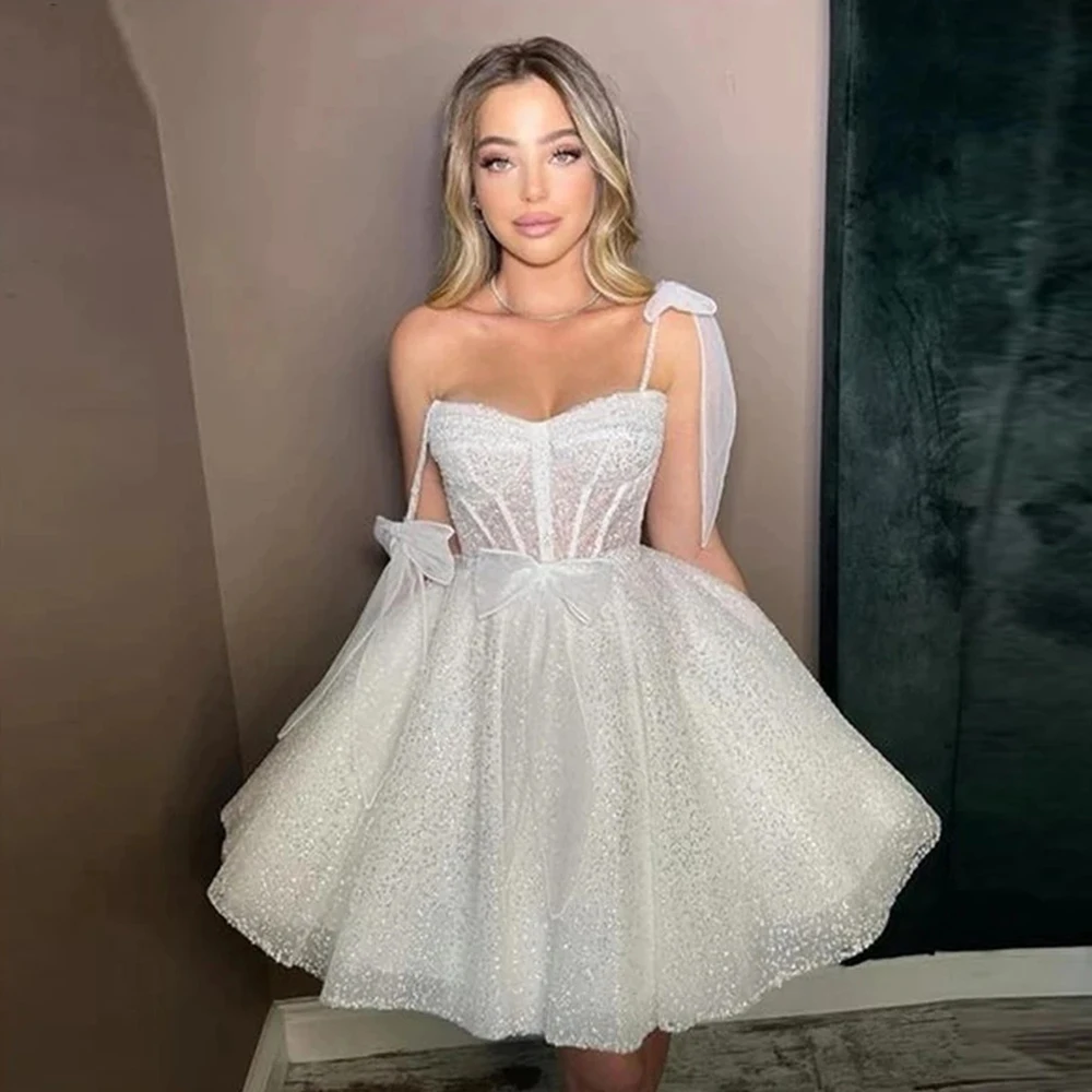 

Pretty Off Shoulder Sparkle Spaghetti Strap Mermaid Short Wedding Dresses Luxury Lace Appliques Bridal Gowns Twinkly Sweetheart