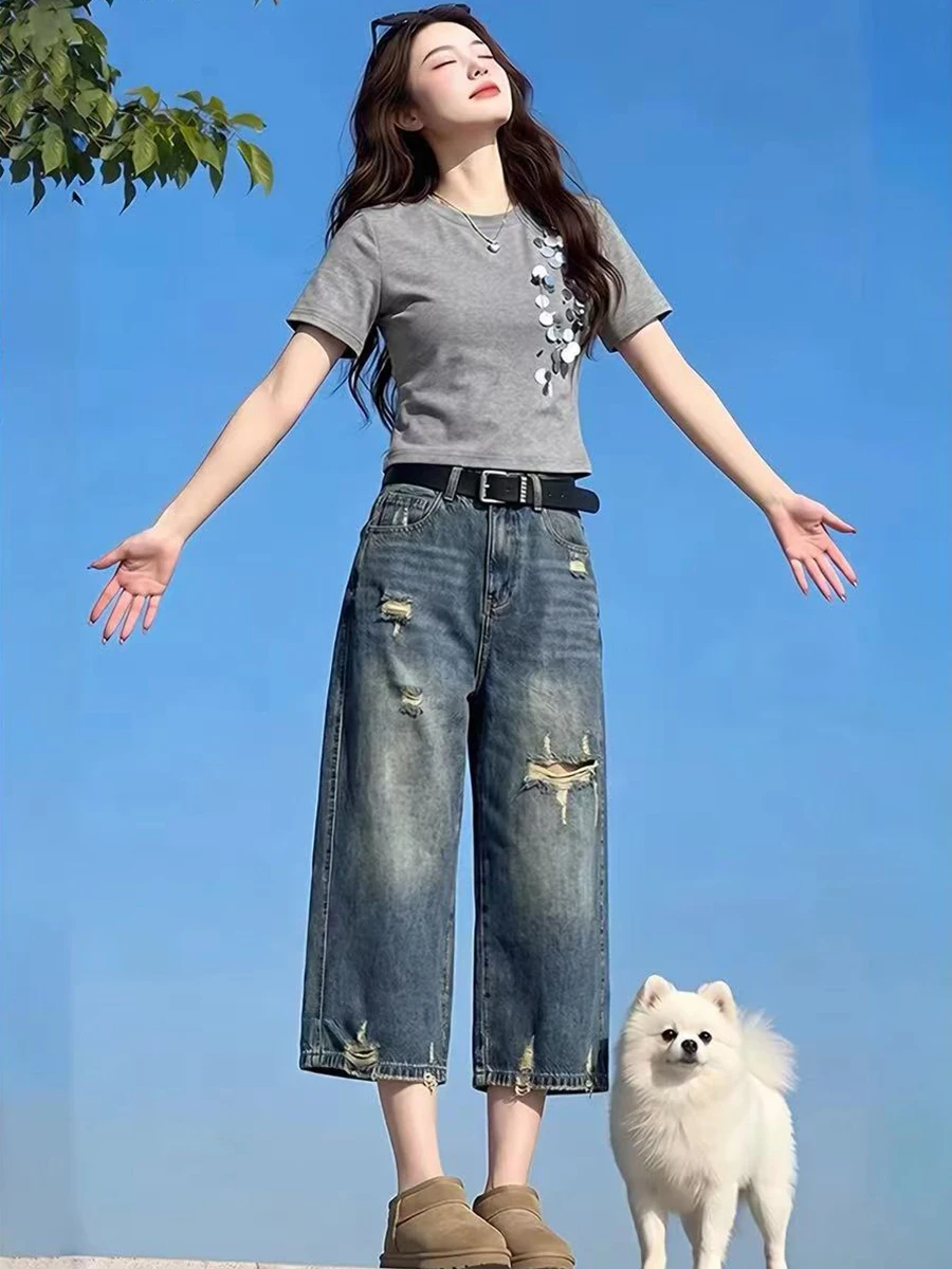 

High Waist Bell Bottom Jeans Women's Summer Loose Fit Ripped Denim Pants plus Size Straight Leg Trousers Wide Leg Jeans