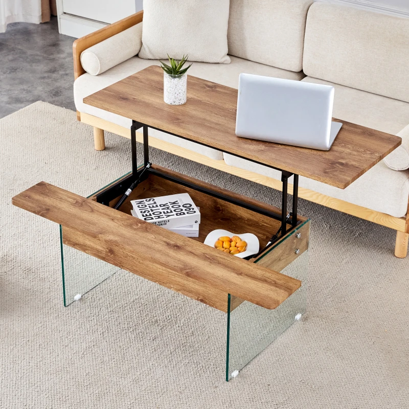 Multifunctional Lift Coffee Table Dark Wood Color Grain Sticker Essential For Modern Homes Tempered Glass Legs Lift Top