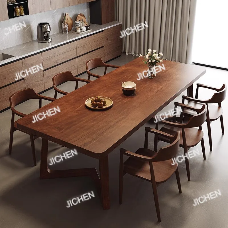 노르딕 스타일 원목 식탁 및 의자 세트 통나무 긴 테이블 작업대 가정용 식탁 책장 일체형 레스토랑